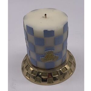 MacKenzie-Childs light blue checkers gold pedestal candle
